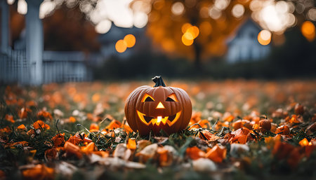 A lit jack-o'-lantern sits in the middle of fallen leaves on a grassy lawn during Halloween. The warm glow of the pumpkin's light makes for a spooky and festive scene.の写真素材