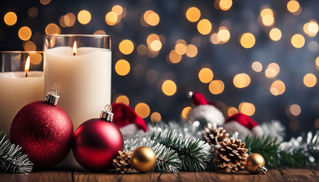 A close-up of Christmas ornaments, candles, and pine branches, creating a festive holiday scene.の写真素材