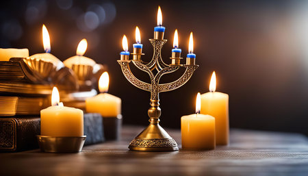 A menorah, a symbol of Hanukkah, is lit with candles against a dark background. It is a beautiful and symbolic reminder of the Festival of Lights and its significance for the Jewish faith.の写真素材