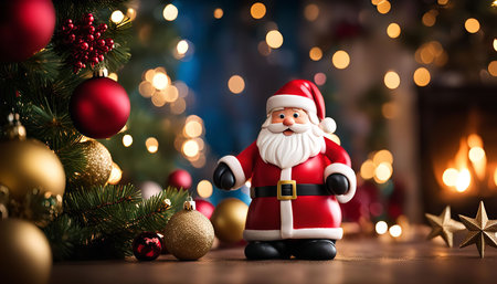 A figurine of Santa Claus standing in front of a Christmas tree and a fireplace, surrounded by festive lights and ornaments.の写真素材