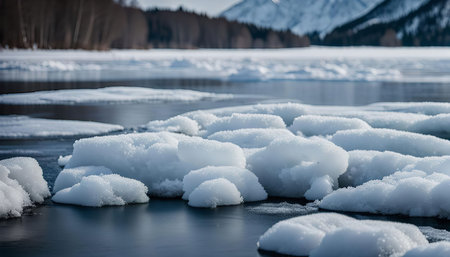 A frozen lake with snow-covered ice floes drifting on the water surface.の写真素材