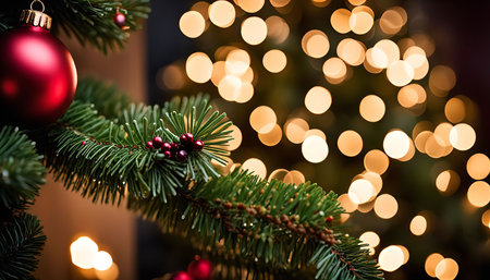 A close-up of a red Christmas ornament hanging on a green Christmas tree branch with golden lights in the background.の写真素材