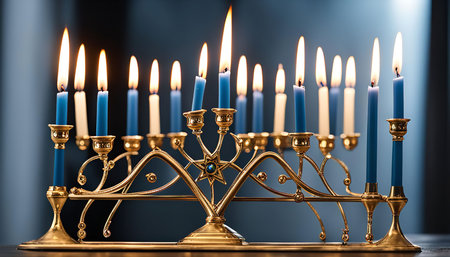 A close-up of a lit Menorah, a symbol of Hanukkah, with candles glowing brightly against a dark background, representing the celebration and traditions of this Jewish festival.の写真素材