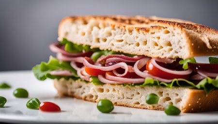 A close-up shot of a delicious ham and cheese sandwich with lettuce, tomatoes and onion, perfect for lunch or dinner.の写真素材