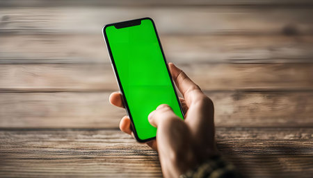 A close-up of a hand holding a smartphone with a green screen display. The phone is on a wooden table, creating a simple and modern backdrop for showcasing app designs and digital content.の写真素材