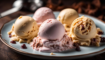 A close-up shot of a variety of ice cream scoops on a plate, showing their creamy texture and tempting colors. The scoops feature vanilla, chocolate, and strawberry flavors, arranged artistically on a blue plate with a hint of chocolate sauce and cherries.の写真素材