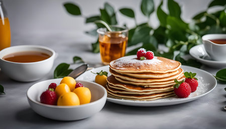 A plate of delicious pancakes topped with berries and plums for a mouthwatering breakfast.の写真素材