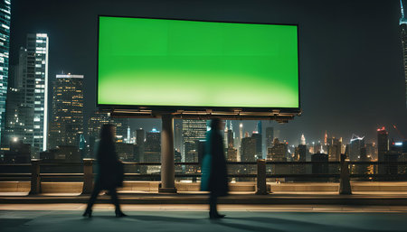 A green screen billboard stands tall in the middle of a city at night, with two people walking in...