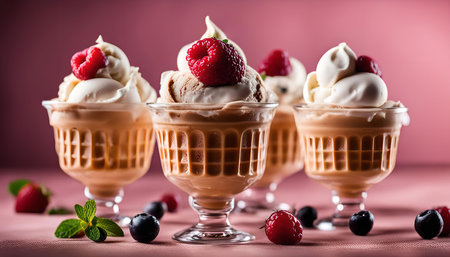 A close-up shot of three ice cream sundaes with fresh raspberries on top. The ice cream is vanilla...