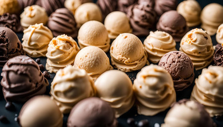 A close-up shot of a variety of creamy chocolate truffles, a decadent and delicious treat for any occasion.の写真素材