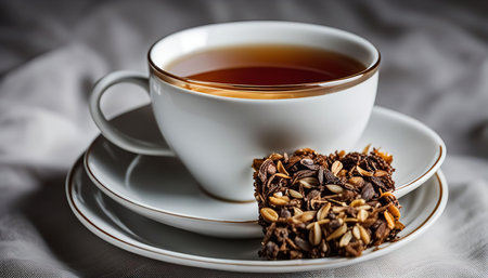 A white ceramic teacup with steaming hot tea and a sweet chocolate cookie. The photo captures the essence of a cozy afternoon break.の写真素材