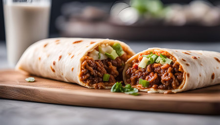 A close-up view of a delicious burrito filled with ground beef, cheese, and onions. It looks tasty and ready to eat.の写真素材