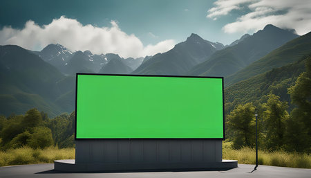 A green screen billboard set against a stunning backdrop of mountains, providing a blank canvas for your promotional message.の写真素材