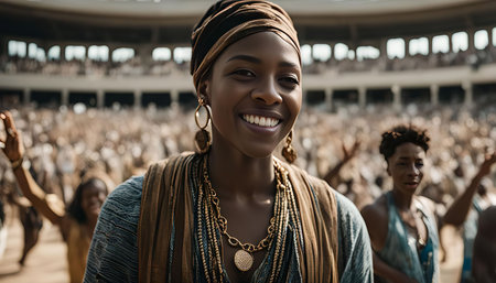 A woman with a beautiful smile stands in a crowd of people. She is wearing a headwrap and jewelry,...