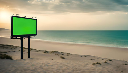 A green billboard on a sandy beach with an ocean view and a cloudy sky at sunset.の写真素材