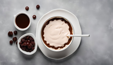 A close-up shot of a chocolate dessert with milk and a straw in a white cup on a gray background.の写真素材