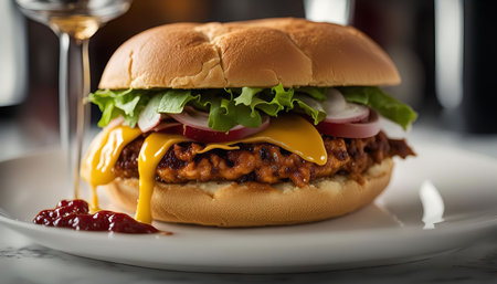 Close-up of a mouthwatering cheeseburger with melted cheese, juicy patty, fresh lettuce, tomato, and onion. Served on a toasted bun, the burger is dripping with savory sauce. Perfect for a casual lunch or dinner.の写真素材