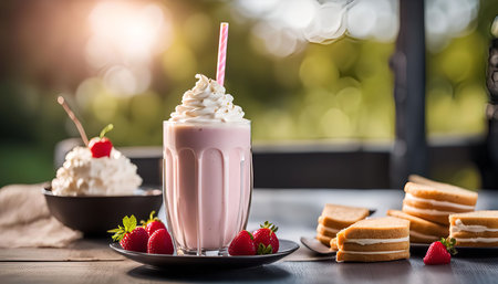 Close up of a pink strawberry milkshake with whipped cream, a straw and strawberries, alongside cakes and other delicious treats on a tableの写真素材