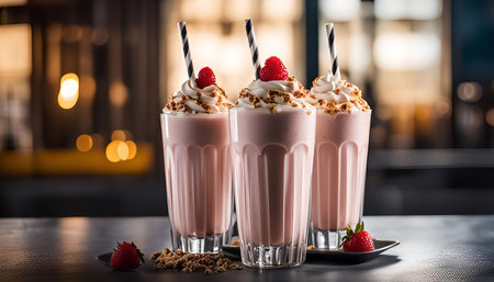 Three milkshakes with whipped cream and raspberries on top.の写真素材