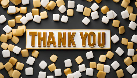 A close-up of a thank you message written in gold letters on a black background, surrounded by gold and white shapes, creating a celebratory and festive atmosphere.の写真素材