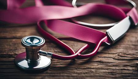 A pink ribbon and stethoscope lie on a wooden surface. The image symbolizes support and awareness for a cause, likely related to breast cancer or other health issues.の写真素材