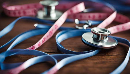 A silver stethoscope and a pink measuring tape lie intertwined on a wooden surface, symbolizing the importance of health and wellness. This image represents the interconnectedness of physical and mental well-being, emphasizing the significance of medical checkups, monitoring, and lifestyle choices in maintaining a healthy life.の写真素材