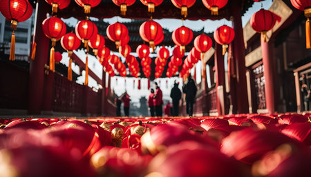 A pathway decorated with red lanterns during the Chinese New Year celebration. The festive atmosphere is enhanced by the bright lights and the blurry figures of people walking in the background.の写真素材