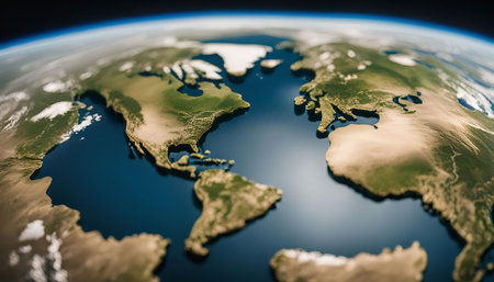 An aerial view of planet Earth from space, showcasing the continents of North America, Europe, and Africa.の写真素材