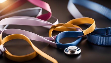 A close-up image of a stethoscope and colorful medical lanyards. The lanyards are arranged in a tangled fashion, showcasing a variety of colors, including blue, yellow, pink and purple. This image represents the essential tools used in healthcare.の写真素材