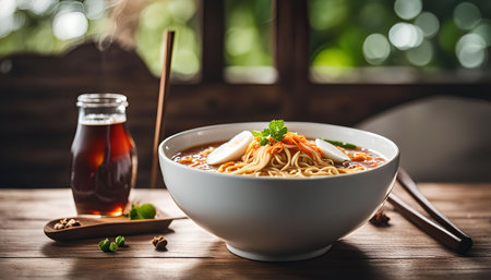 A steaming bowl of noodles sits on a wooden table with a side of soy sauce. The noodles are topped with an egg, vegetables, and a sprig of parsley.の写真素材