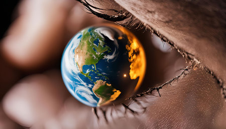 A close up image of an eye with a globe inside, representing the interconnectedness of humanity and the planet.の写真素材