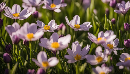 A close-up view of a field of beautiful pink flowers in full bloom. The flowers are delicate, with...