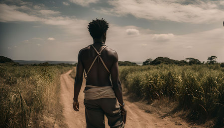 A man walks on a dirt road in the countryside. The road winds through fields of grass and green foliage, under a bright, blue sky dotted with clouds.の写真素材