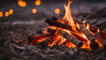 A close-up shot of a campfire burning brightly, the flames dancing amongst the logs. The orange glow...