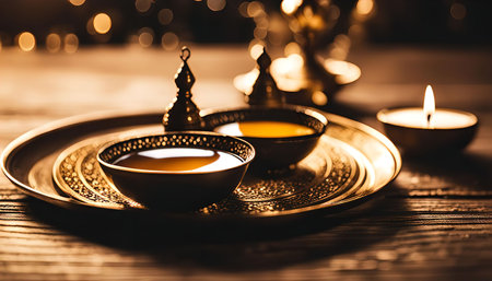 A still life of golden cups and a candle on a rustic wooden surface. The image captures the warm and luxurious atmosphere with a focus on the reflective surfaces and the glow of the candlelight.の写真素材