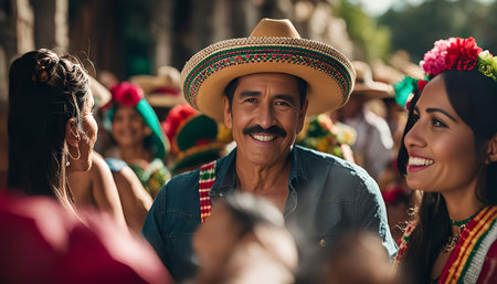 A man and woman are smiling in a crowd of people, celebrating. The man is wearing a traditional Mexican hat and the woman has flowers in her hair. The scene is bright and colorful, full of life and joy.の写真素材