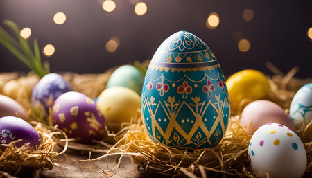 A group of colorful Easter eggs, decorated with intricate patterns, sit in a nest of straw. The eggs are arranged on a wooden table, with a warm light creating a bokeh effect in the background.の写真素材