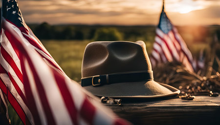An American flag and a hat lay on a wooden surface in a field at sunset, symbolizing patriotism and remembrance.の写真素材