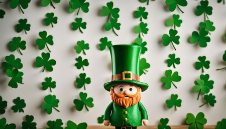 A close-up image of a leprechaun figurine standing in front of a white background adorned with shamrocks. The figurine is dressed in green and has a red beard.の写真素材