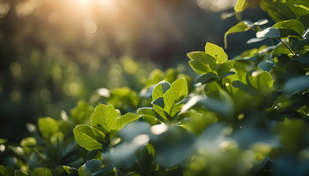 A close-up shot of vibrant green leaves illuminated by the warm golden rays of the sun. The soft focus and gentle light create a tranquil and serene atmosphere.の写真素材