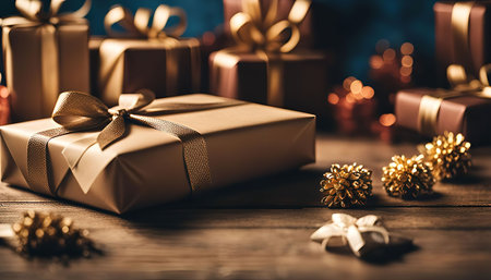 A close up of beautifully wrapped Christmas presents with gold ribbon and bows, creating a festive and joyful atmosphere.の写真素材