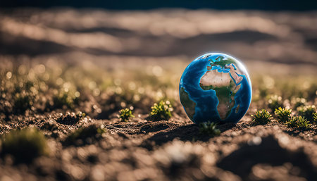 A close-up shot of a blue Earth globe on sandy ground, surrounded by grass. The photo emphasizes the importance of protecting our planet and inspires hope for the future.の写真素材