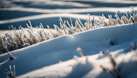 A close-up view of frosty grass emerging from a blanket of fresh snow, with a hint of sunlight illuminating the scene.の写真素材