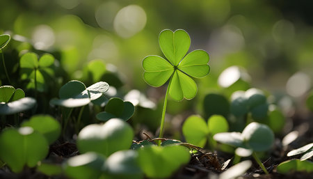 A close-up shot of a four-leaf clover standing tall in a field of green, showing the intricate details of its leaves and highlighting the concept of luck and hope.の写真素材