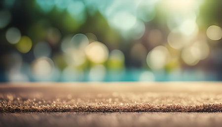 A close up photo of sand with a blurred out pool and trees in the background. The photo is a warm color tone and shows a summery vibe.の写真素材