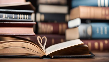 Close-up of an open book with a heart shaped page, revealing a love for literature and knowledge.の写真素材