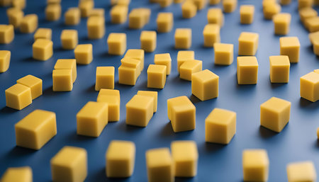 A close-up image of yellow cubes on a blue background, creating an abstract and visually appealing pattern. The contrasting colors and simple shapes make for a striking composition.の写真素材