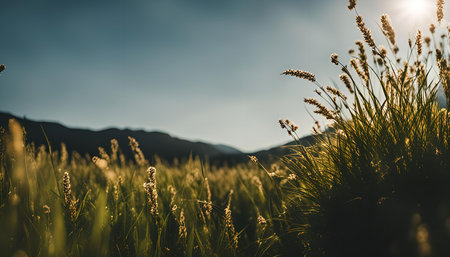 A beautiful shot of a grass field illuminated by the setting sun, with a mountain range in the background. The image captures the serenity and beauty of nature, showing the sun's golden light filtering through the grass blades.の写真素材