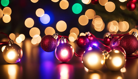 Closeup of Christmas lights and ornaments on a dark background. The lights are creating a warm and...