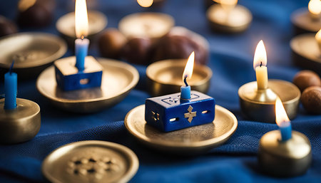 A close-up shot showcasing a menorah with candles lit, signifying the celebration of Hanukkah.の写真素材
